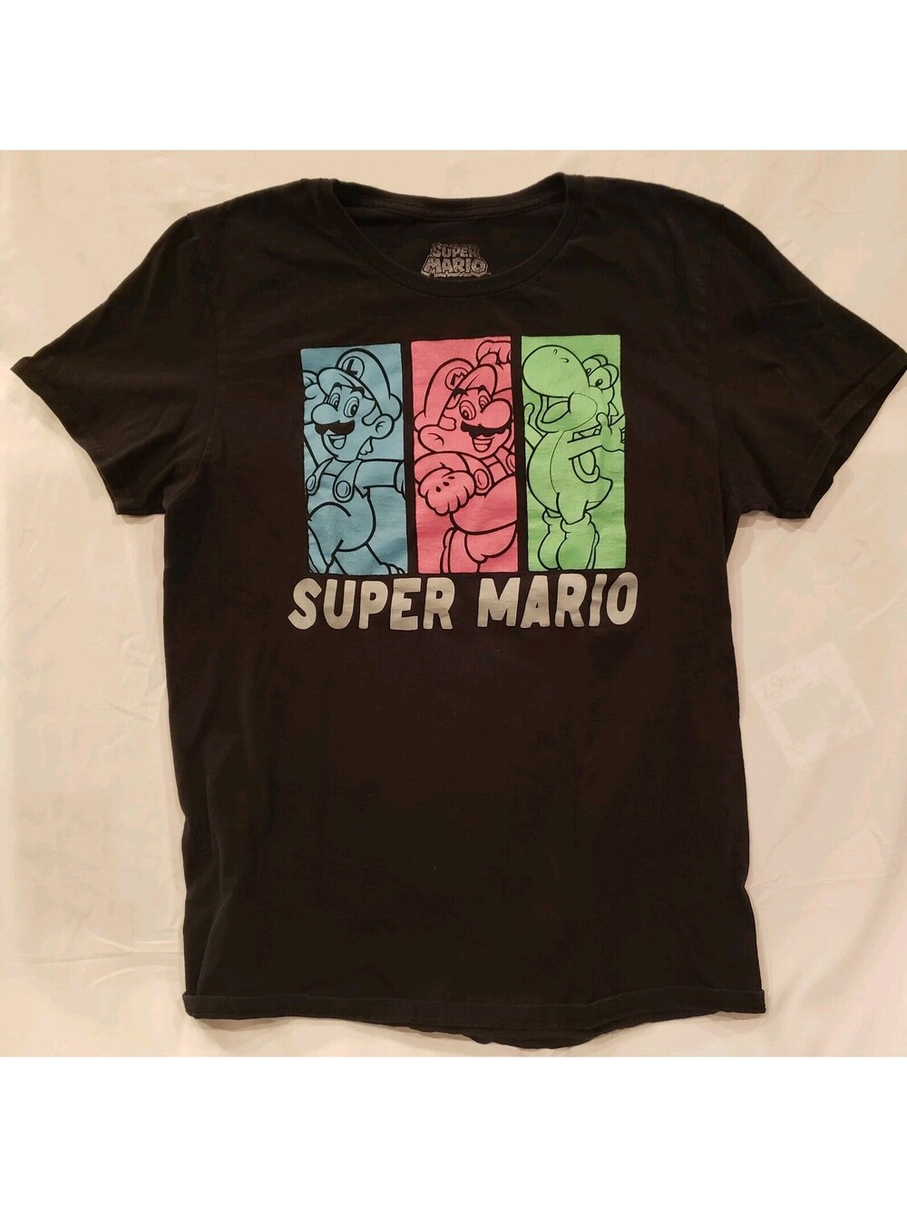 Super Mario Black T-Shirt Size M(38x40) Color Blocks w/Mario, Luigi & Yoshi Top